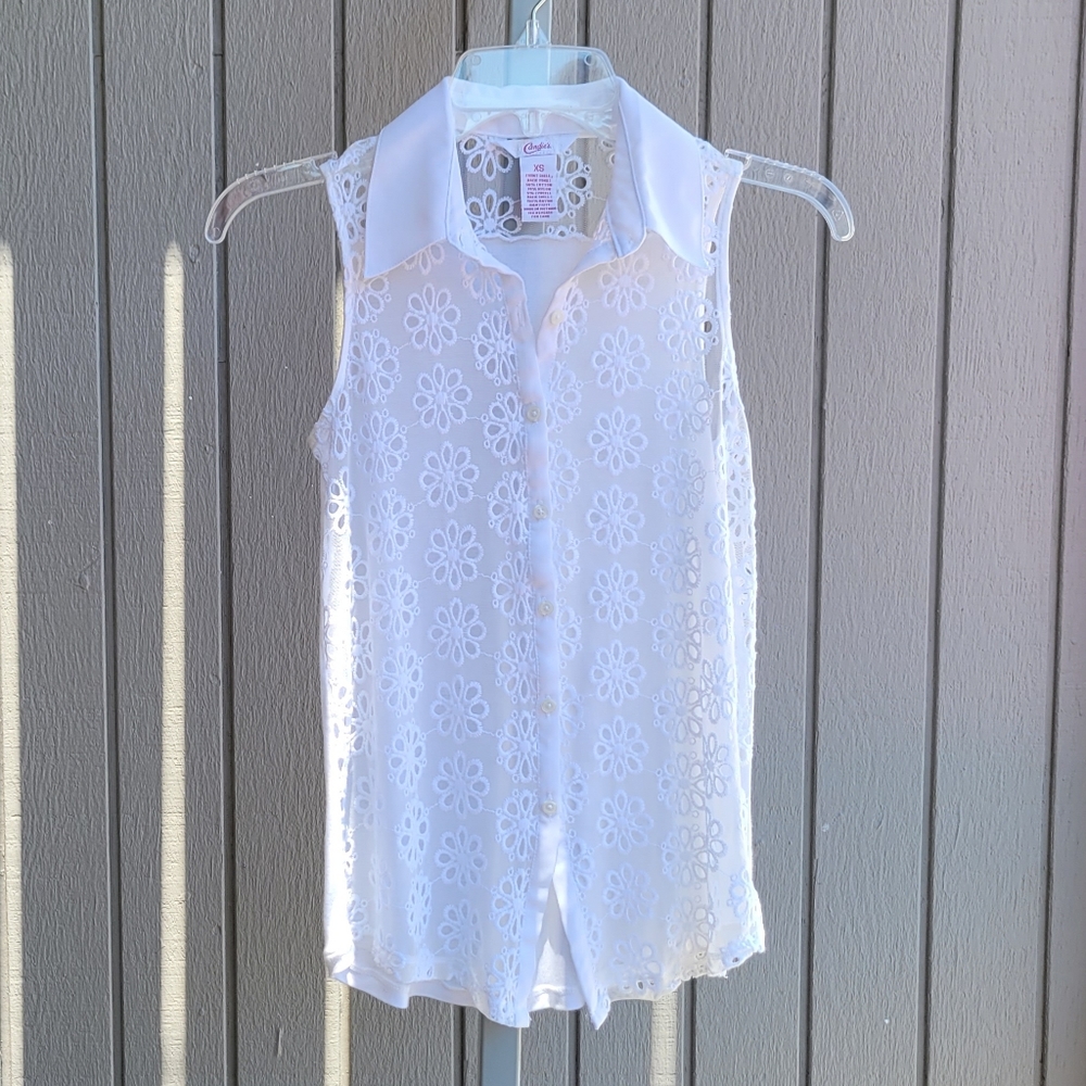Flowered White Sleeveless Blouse | Women's XS | Candie's - Picture 14 of 16